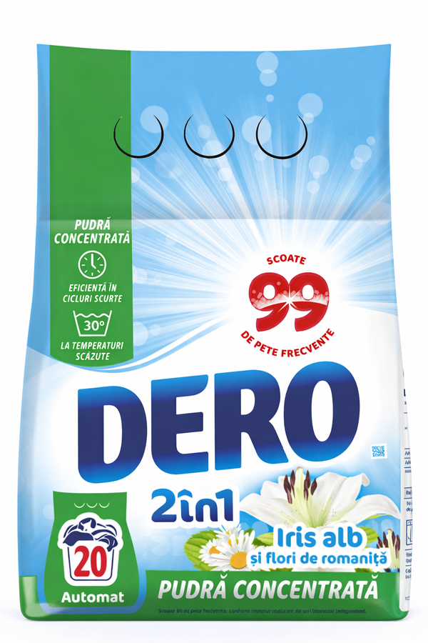 Dero 2 în 1 Iris Alb Detergent Automat, 1,5 kg – 20 Spălări