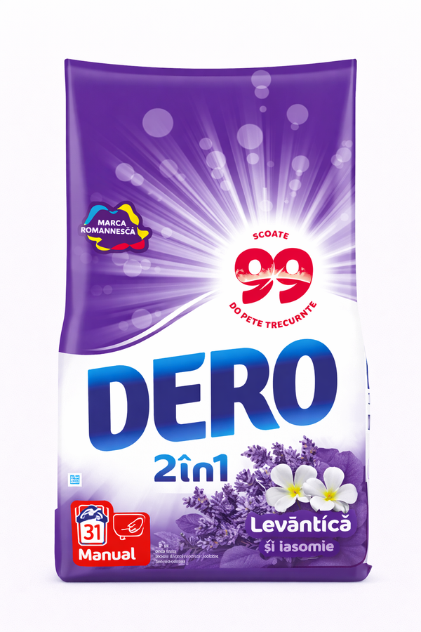 Dero 2 în 1 Lavandă și Iasomie Detergent Pudră Manual pentru Rufe, 1,4 kg