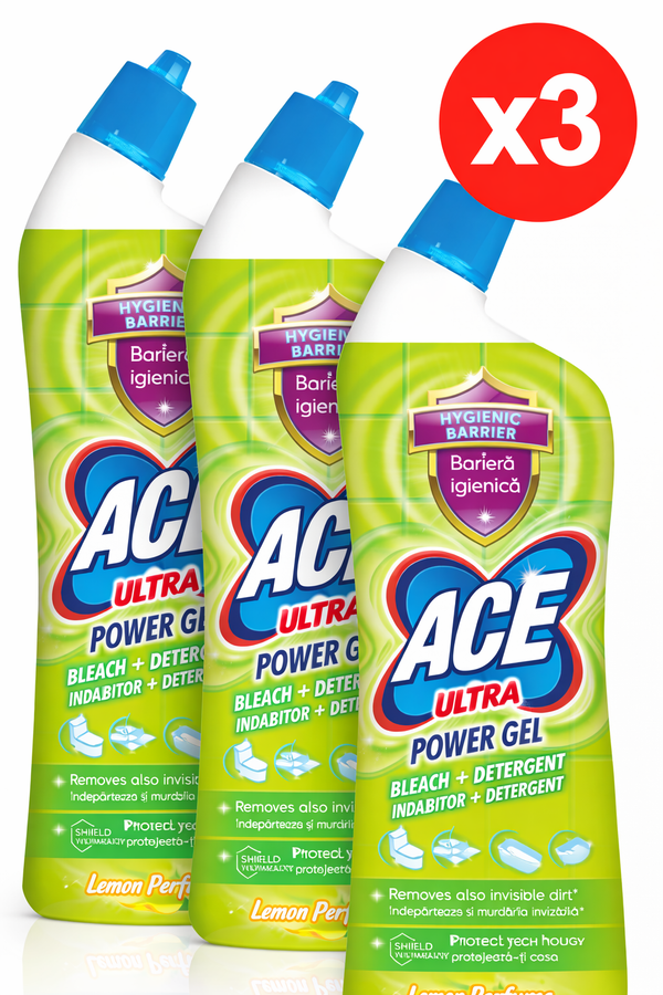 ACE Ultra Power Gel Lemon – Pachet x3 | Înălbitor + Detergent cu Barieră Igienică