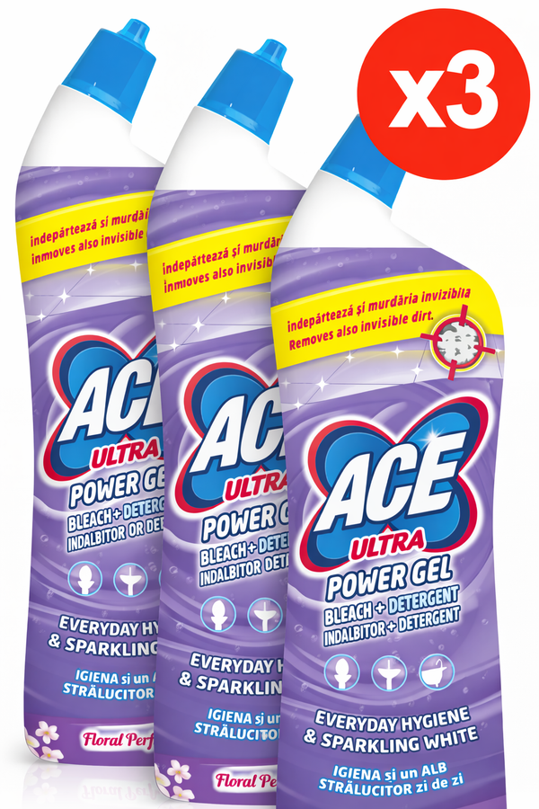 ACE Ultra Power Gel Floral – Pachet x3 | Înălbitor + Detergent pentru Rufe Albe