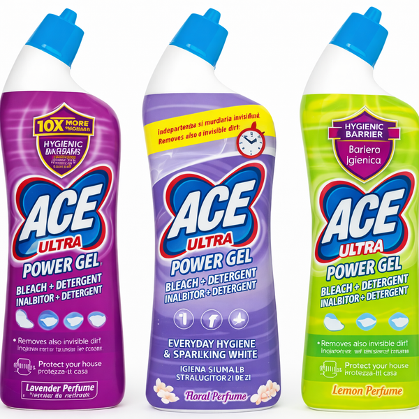 ACE Ultra Power Gel – Set 3 arome (Lavender, Floral, Lemon) | Înălbitor + Detergent