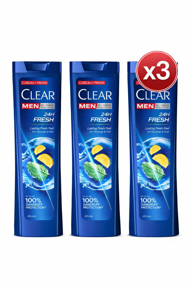 Șampon Antimătreață Clear Men 24H Fresh – Mentă & Citrice – 360 ml – Pachet x3