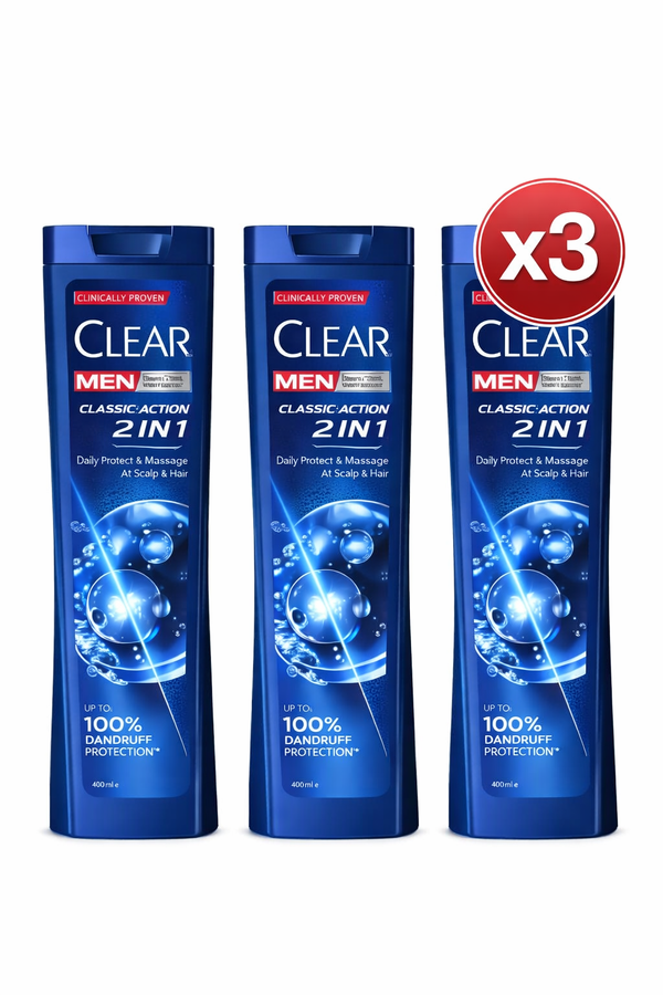 Șampon Antimătreață Clear Men Classic Action 2 în 1 – Șampon & Balsam – 225 ml – Pachet x3