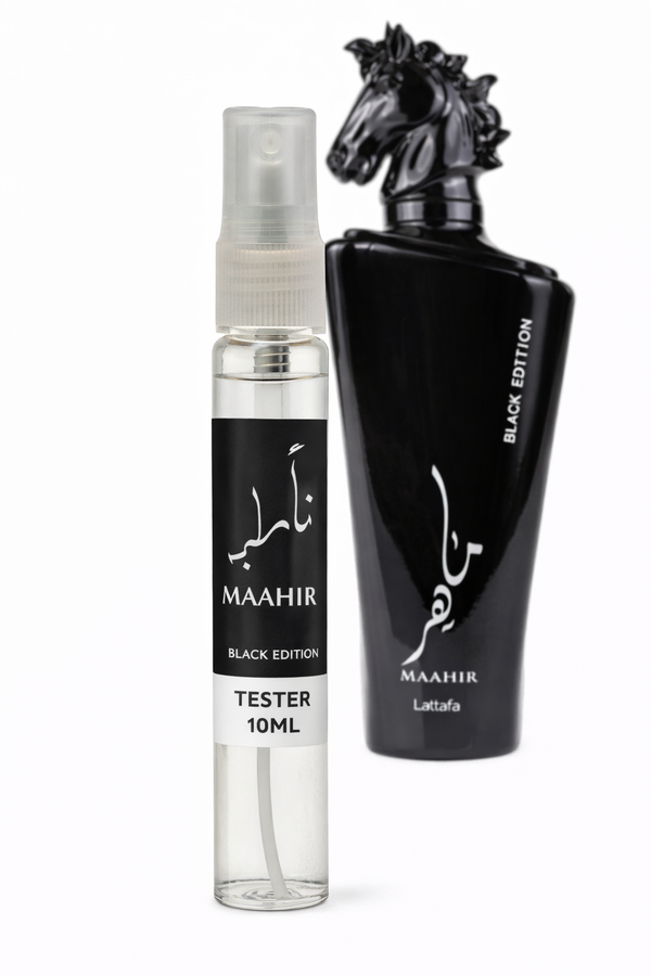 Apa de Parfum Maahir Black Edition Lattafa – Tester 10 ml | Parfum Oriental Intens pentru Bărbați